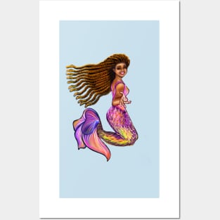 Best mermaid gifts 2022. Mermaid  with rainbow coloured colored fins, braids, outstretched  arm, brown eyes, Curly hair  and caramel brown skin - light background Posters and Art